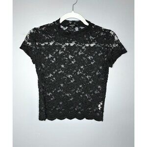 Vintage 90's Ambiance Shirt S Black Lace Sheer Cap Sleeve Scallop Crop Top Goth